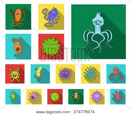 Types Of Funny Microbes Flat Icons In Set Collection For Design. Microbes Pathogenic Vector Symbol S
