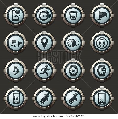 Joggin And Workout Vector Icons In The Stylish Round Buttons For Mobile Applications And Web
