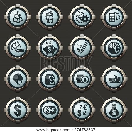 Money Vector Icons In The Stylish Round Buttons For Mobile Applications And Web