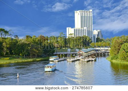 Orlando, Florida. November 24, 2018 Ferry Boat Launch On Lightblue Cloudy Background  At Lake Buena 