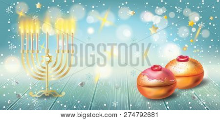 Happy Hanukkah Invitation Card With Traditional Jewish Holiday Hanuka Festival Of Lights Symbols. Ch