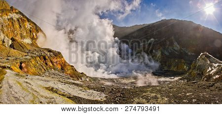 Fumaroles And Smoke In White Island Of New Zealand