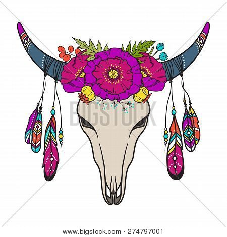 Сow Skull Decorated With Poppies And Other Flowers And Leaves, Colored Feathers. Bohemian Symbol. Tr