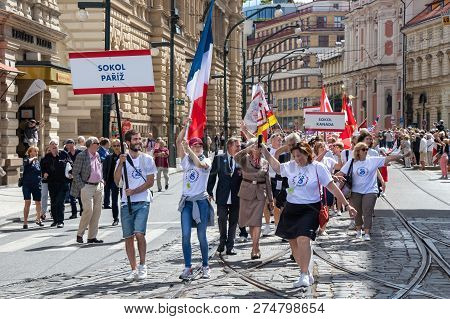 Prague, Czech Republic - July 1, 2018: Visitors From Paris Parading At Sokolsky Slet, A Once-every-s
