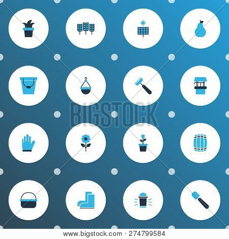 Gardening Icons Colored Set With Gardening Shoes, Flower, Draw Well And Other Galoshes Elements. Iso