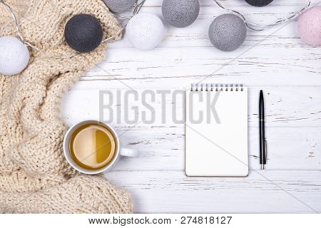 Composition Of Single Cup Of Tea, Beige Plaid, Notebook And Pen, Decorated With Different Colors Cot