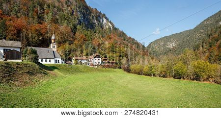Municipality Of Schneizlreuth In The Fall. View Of The Alps. District Of Berchtesgadener Land In Upp