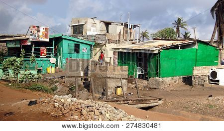 Problems Of Poverty In Developing Countries Of Africa. Closely Spaced Buildings In A Residential Are