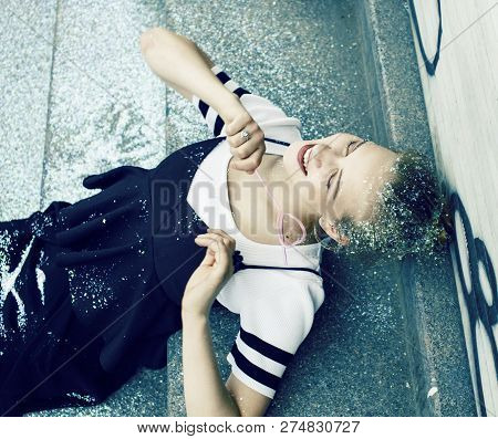 Young Pretty Party Girl Smiling Covered With Glitter Tinsel, Fas