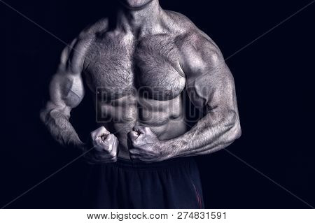 Be Strong. Super Poweer.handsome Bodybuilder Man Or Sexy Muscular Guy With Athlete Body, Torso And C