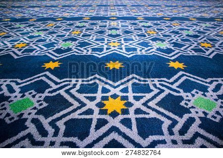 Islamic Ornament Design On The Carpet In The Main Praying Hall Of The Mosque.