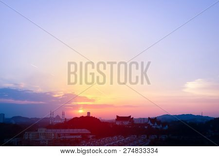 Beautiful Sunset In Shah Alam With Landmark In The Background.