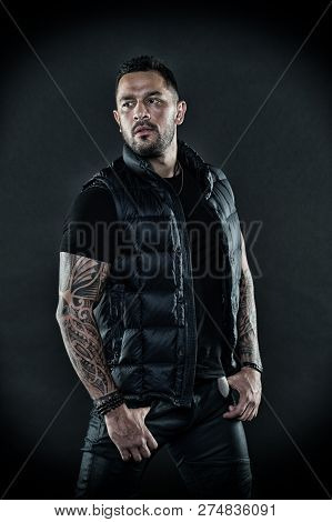 Masculinity And Brutality. Tattoo Culture Concept. Tattoo Brutal Attribute. Man Brutal Unshaven Hisp