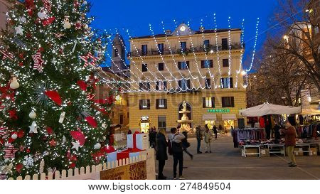 Ancona, Italy - December 12, 2018: Piazza Pertini With Big Christmas Tree And Lights In The Center O