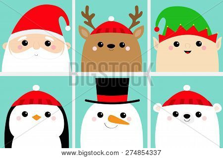 Santa Claus Elf Raindeer Deer Snowman Bear Penguin Bird Face Head Icon Set. Merry Christmas. New Yea