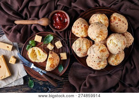 Overhead View Of Gougeres, Cheese Puffs Balls On A Earthenware Plate. Traditional French Cheese Chou