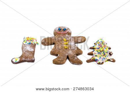 Gingerbread Man Santa Claus Boot Christmas Tree Isolated