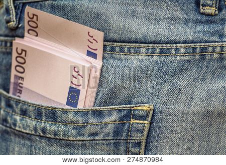 A Euro Bank Notes In Jeans Pocket.