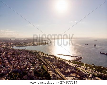 Aerial Drone View Of Istanbul Seaside Yenikapi Florya Bakirkoy In Turkey. Cityscape.
