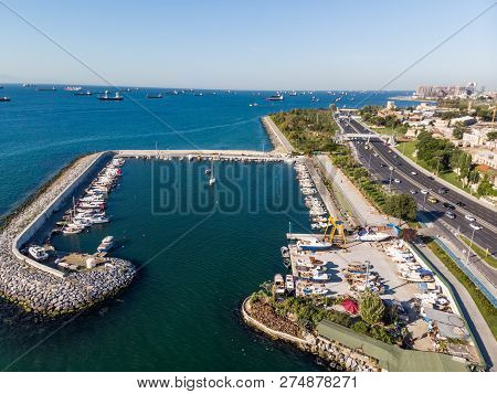 Aerial Drone View Of Marina Pier In Yenikapi Bakirkoy / Istanbul Seaside In Turkey With Boats.