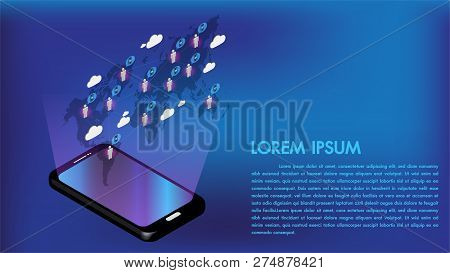 Isometric 3d Smartphone Internet Connect Social Media With People And Data Transmission On Cloud Sto