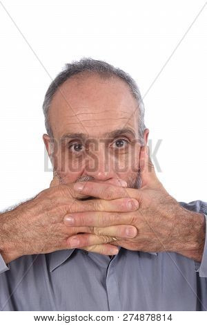 Man With Hand In Mouth On White
