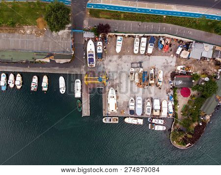 Aerial Drone View Of Marina Pier In Yenikapi Samatya / Istanbul Seaside In Turkey. Cityscape..