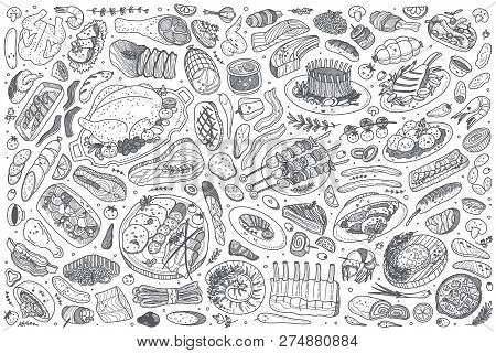 Hand Drawn Meat Dish Set Doodle Vector Illustration Background