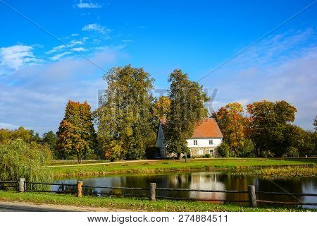 Country Estate Near The Lake And Forest, Sunny Autumn Day.  Leaf Fall Landscape.