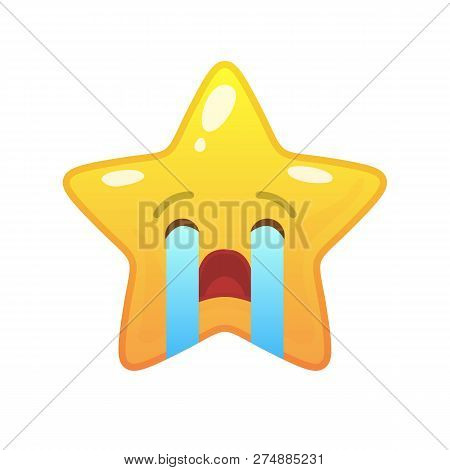 Crying Star Shaped Comic Emoticon. Weeping Face With Facial Expression. Sobbing Emoji Symbol For Int
