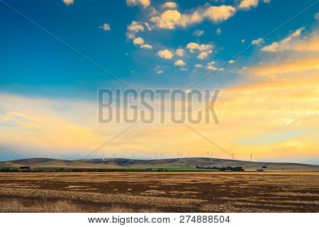View At Snowtown Wind Farm Across Farmlands At Sunset, Rural South Australia
