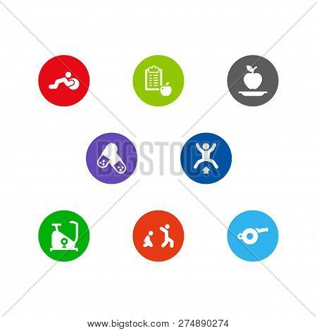 Set Of 8 Training Icons Set. Collection Of Exercise Bike, Burpees, Activity And Other Elements.