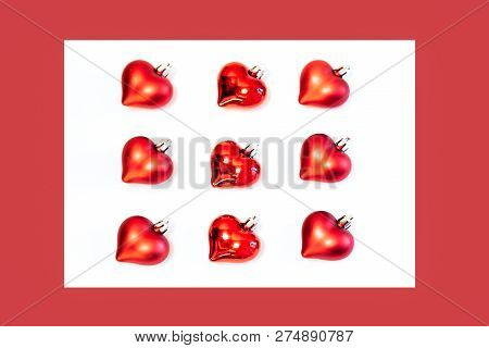 Nine Red Decorative Hearts On White Background, Red Framing, Beautiful Ornanent