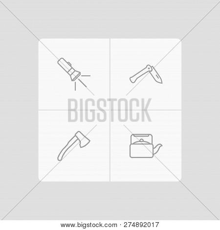 Set Of 4 Adventure Icons Line Style Set. Collection Of Flashlight, Jackknife, Kettle And Other Eleme