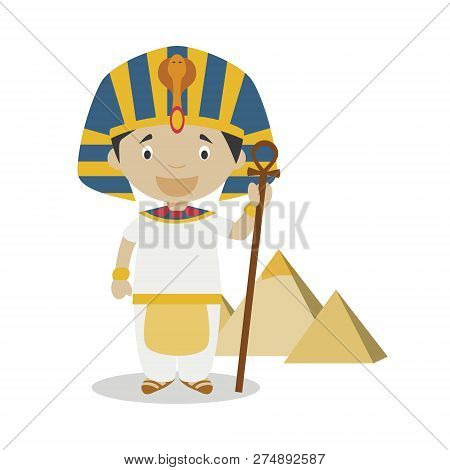 Egyptian Cartoon Character With Gizah Pyramids. Vector Illustration. Kids History Collection.