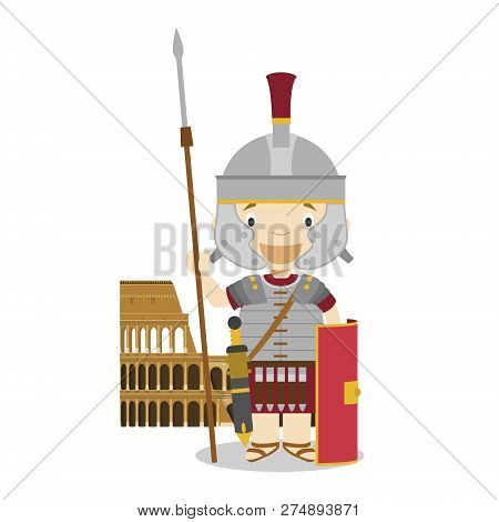 Roman Empire Soldier Cartoon Character With The Colisseum. Vector Illustration. Kids History Collect