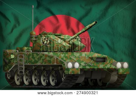 Light Tank Apc With Summer Camouflage On The Bangladesh Flag Background. 3d Illustration