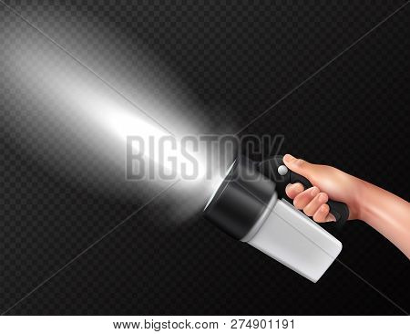 Modern Powerful High Lumen Handheld Torch Flashlight In Hand Realistic Composition Against Dark Tran