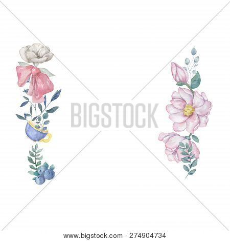 Watercolor Pink Flowers And Leaves Wreath. Hand Drawn Illustration. Square Clip Art Branch For Celeb