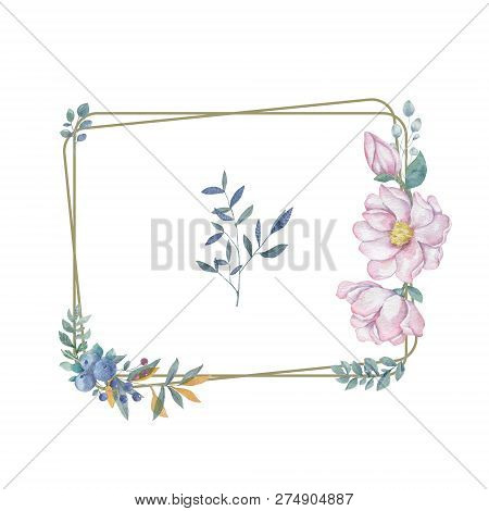 Watercolor Flowers And Leaves Wreath. Gold Frame Illustration. Square Clip Art Branch For Celebratio