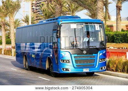 Dubai, Uae - November 16, 2018: Blue Coach Bus Ashok Leyland Falcon In The City Street.