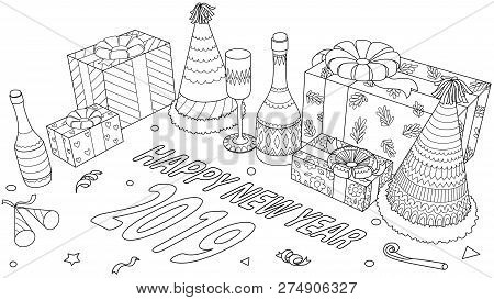 Gift Boxes, Champagne Bottles And Glass Preparing For New Year 2019 Celebration. Coloring Book, Colo
