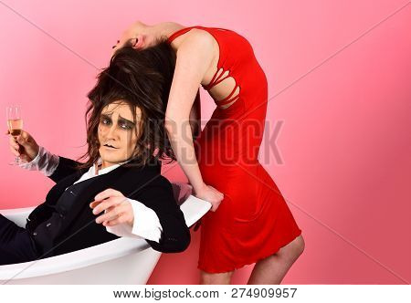 Telling A Love Story Through Body Motions. Mime Artists. Couple In Love Mime Enjoy In Bath Room. Cou