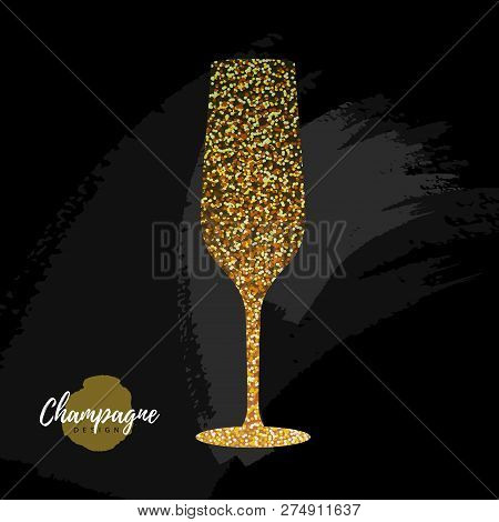 Champagne Glass Vector Icon. Golden Sparkle Champagne Glass On Black Background