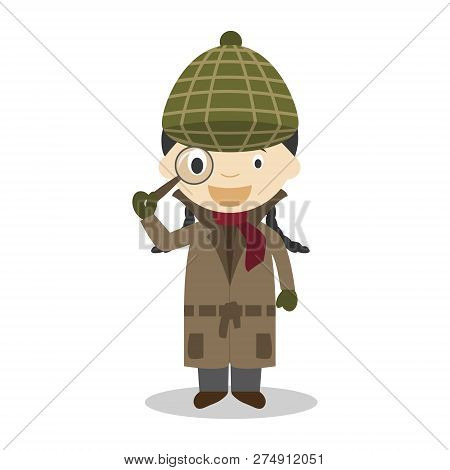 Cute Cartoon Vector Illustration Of A Detective. Women Professions Series