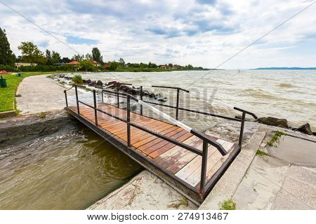 Bridge at Lake Balaton, freshwater lake in Transdanubian region in western Hungary, the largest lake in Central Europe