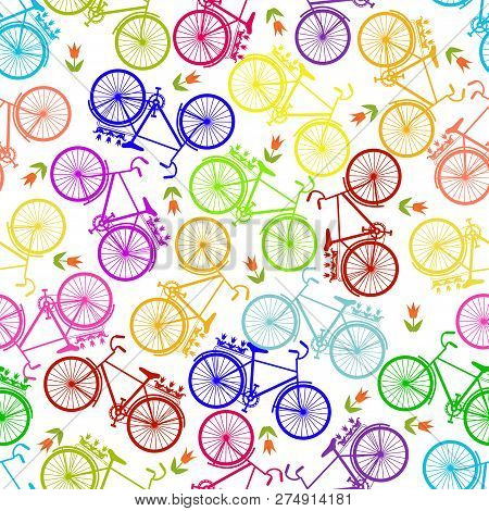 Illustration Of Bicycles, Riding On The Bicycle,colored Vector Illustration. Seamless Pattern.