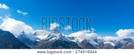 Mont Blanc Is The Highest Mountain In The Alps And The Highest In Europe. Beautiful Panorama Of Euro