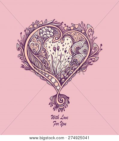 Creative Composition With Zen Tagle Heart In Vintage Style In Pink Colors For Post Card Of  Valentin