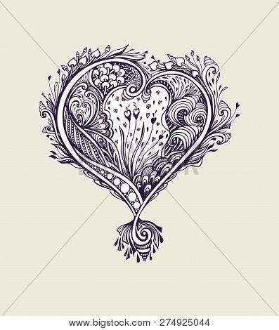 Creative Composition With Zen Tagle Heart In Vintage Style Black And White For Coloring Page Or Adul